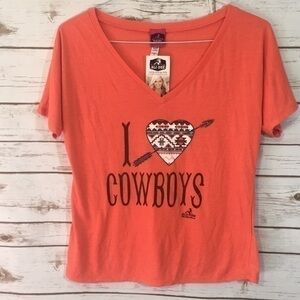 Ali Dee T-Shirt I Love Cowboys Orange Short Sleeve V-Neck Rodeo Southern Cowgirl